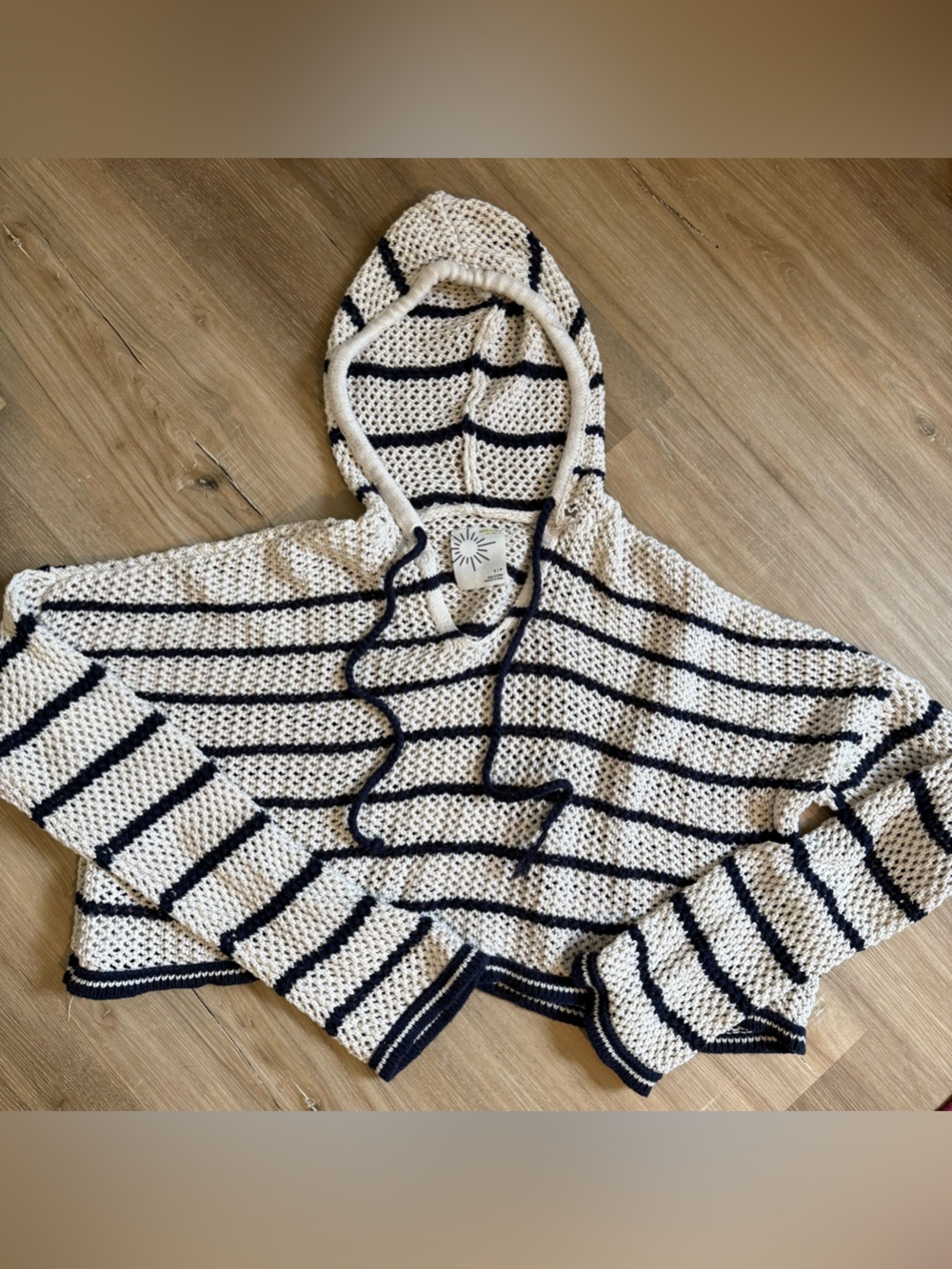 Offline by Aerie Hooded Knit Crochet Striped Pullover Sweater